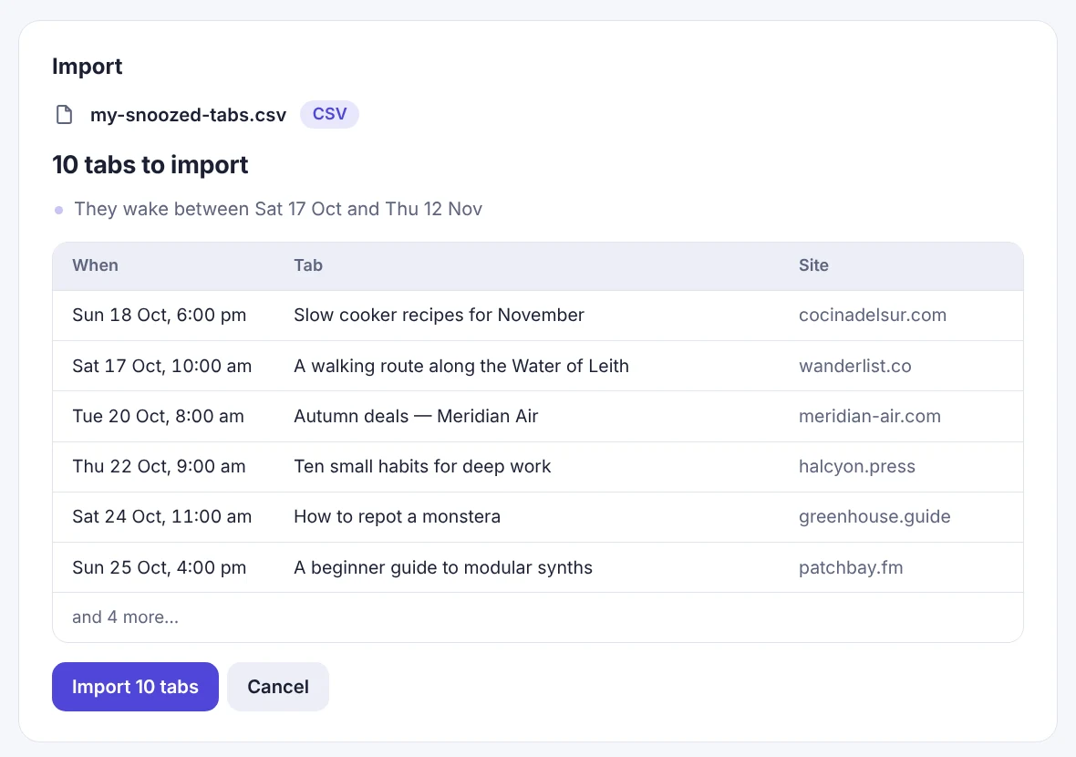 The zzzTab import screen showing a preview of a Snooze Tabby CSV.