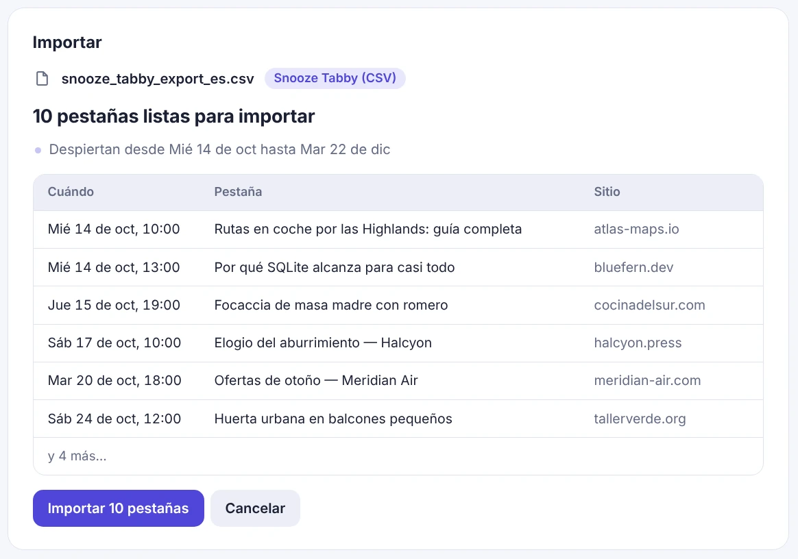 La pantalla de importación de zzzTab con la vista previa de un CSV de Snooze Tabby.