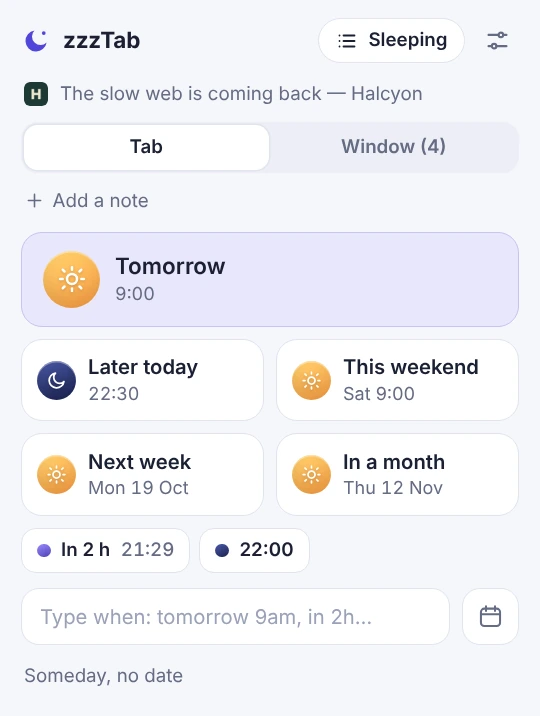 The zzzTab popup with options to snooze a tab: tomorrow, this weekend, next week and more.