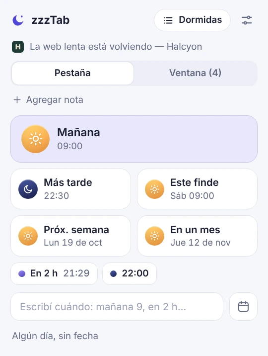 El popup de zzzTab con las opciones para dormir una pestaña: mañana, este finde, la próxima semana y más.